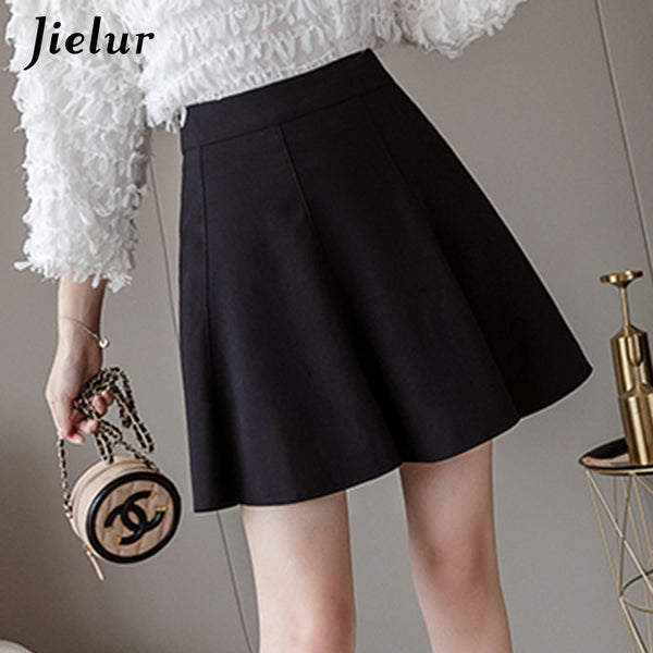 Jielur New Women's Skirt High Waist A Line Skirts Pleated Black Basic