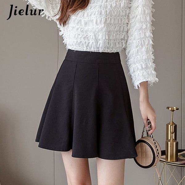 Jielur New Women's Skirt High Waist A Line Skirts Pleated Black Basic