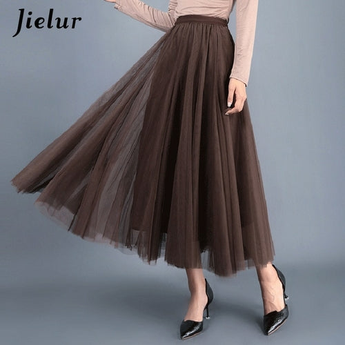 Jielur Skirts Womens Autumn 3 Layers Princess Tulle Mesh Pleated Skirt