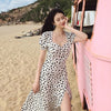 JuneLove French Ruffle Women Sexy Puff Sleeve Split Dress Office Lady