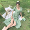 JuneLove French Ruffle Women Sexy Puff Sleeve Split Dress Office Lady