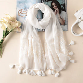 KL1106 White beach tassel lace embroider tippet women fashion pashmina