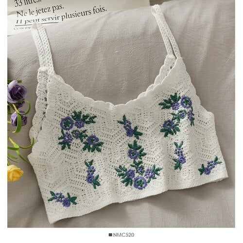 Floral Knitted Crop Tops Spaghetti Strap Tank Top Embroidered Cami