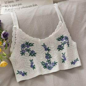 Floral Knitted Crop Tops Spaghetti Strap Tank Top Embroidered Cami