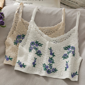 Floral Knitted Crop Tops Spaghetti Strap Tank Top Embroidered Cami