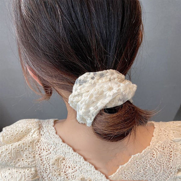 Korea White Embroidery Flower Hair Scrunchie Elastic Hair Bands For