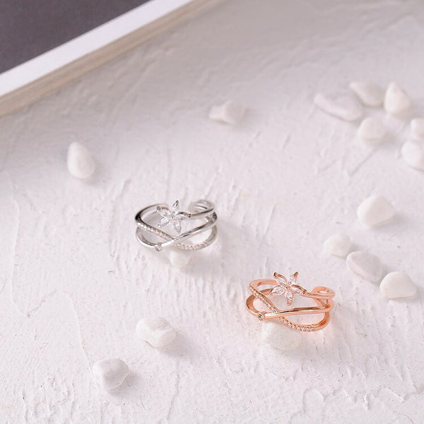 Korean New Exquisite Double Cross Flower Ring Fashion Temperament