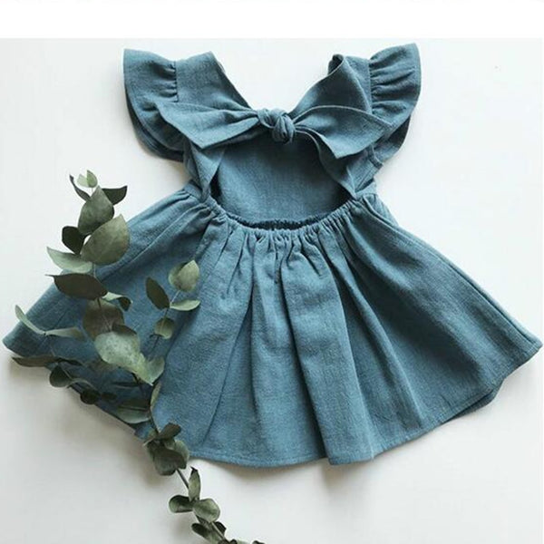 Korean Style Summer Infant Girls Dress Flying sleeve Cotton Linen