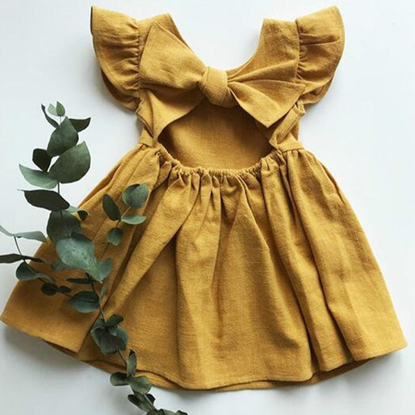 Korean Style Summer Infant Girls Dress Flying sleeve Cotton Linen