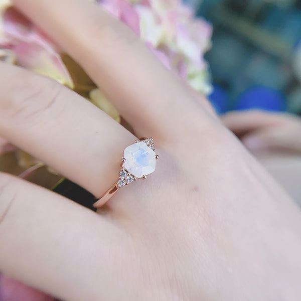 Kuololit 585 Rose Gold Rainbow Moonstone Gemstone Ring for Women 925