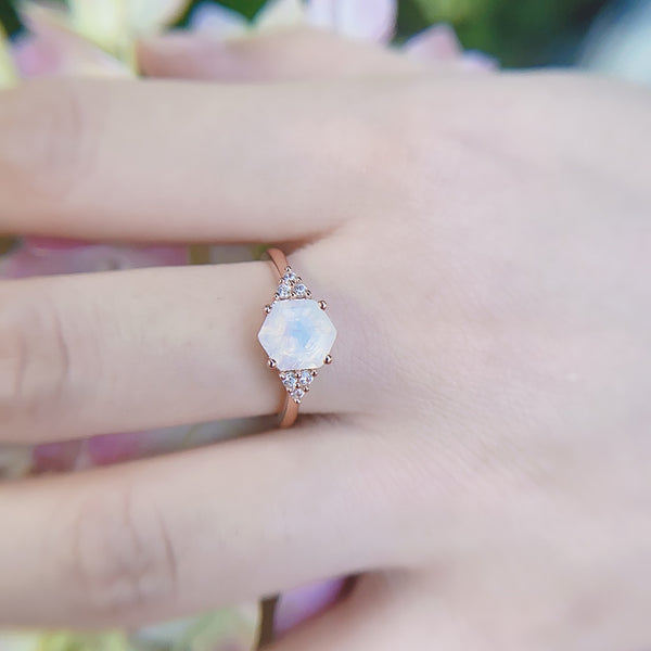 Kuololit 585 Rose Gold Rainbow Moonstone Gemstone Ring for Women 925