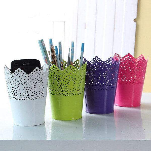 Lace Plant Flower Vase Pot Pen Makeup Brush Storage Holder Case Pencil