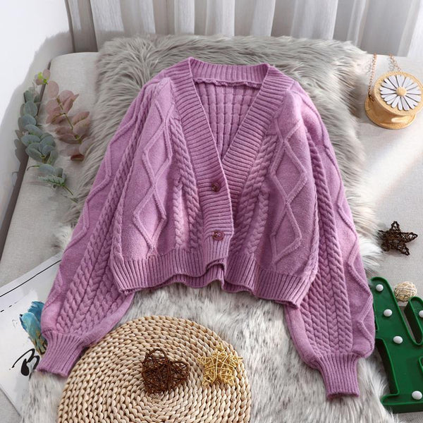 Lantern Sleeve Cardigan Knitted Sweater