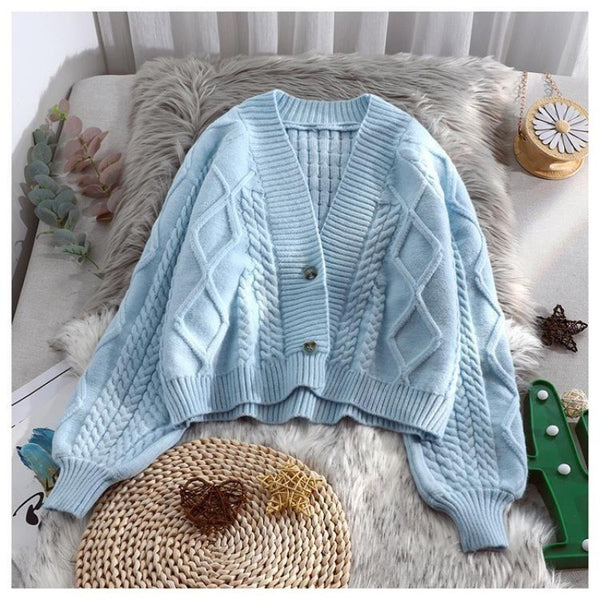 Lantern Sleeve Cardigan Knitted Sweater