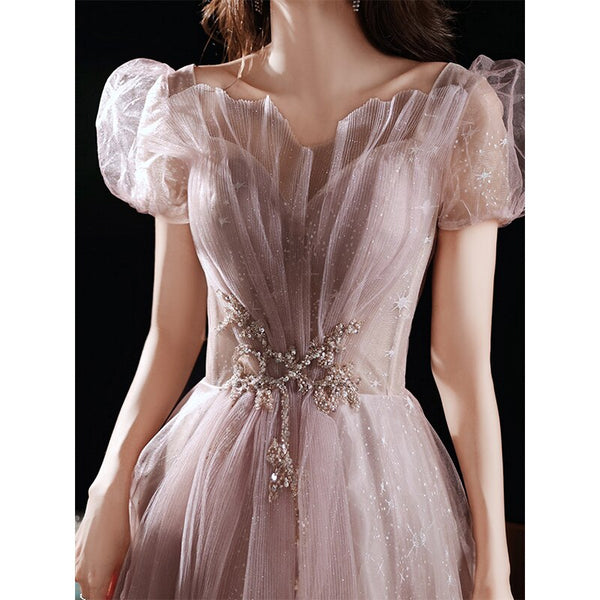 Light Luxury Women Evening Dresses V Neck Puff Sleeve Appliques