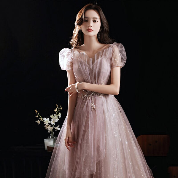 Light Luxury Women Evening Dresses V Neck Puff Sleeve Appliques