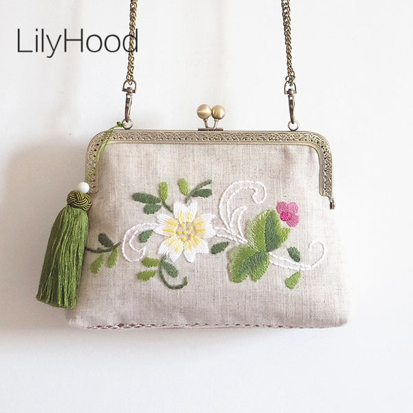 Linen Floral embroidery sling bag  with Fringes Lady Vinatge