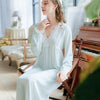Long Sleeved Nightdress Women Retro Princess Lace V neck Cotton White
