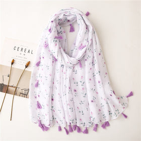 Lovely Purple Garden Polka Floral Tassel Viscose Shawl Scarf Lady