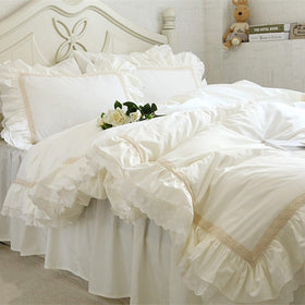 Embroidery Bedding Set Beige Lace Ruffle Duvet Cover
