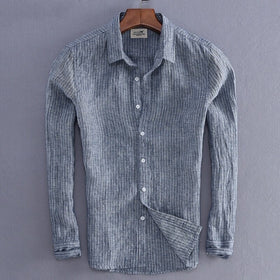 Men Spring And Autumn Fashion Stripe Linen Shirt Male Casual Long