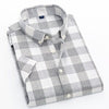 Men's Short Sleeved Shirt Grey Blue Lapel Cotton Plaid