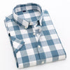 Men's Short Sleeved Shirt Grey Blue Lapel Cotton Plaid