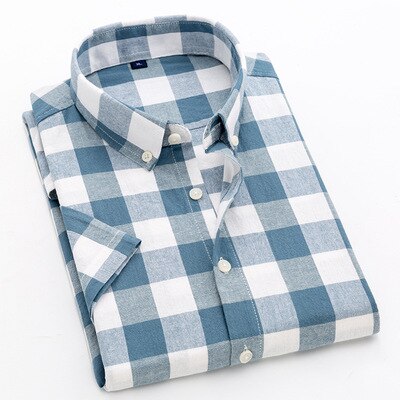 Men's Short Sleeved Shirt Grey Blue Lapel Cotton Plaid