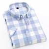 Men's Short Sleeved Shirt Grey Blue Lapel Cotton Plaid