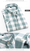 Men's Short Sleeved Shirt Grey Blue Lapel Cotton Plaid