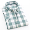 Men's Short Sleeved Shirt Grey Blue Lapel Cotton Plaid