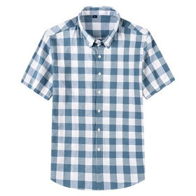 Men's Short Sleeved Shirt Grey Blue Lapel Cotton Plaid