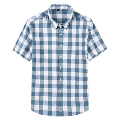 Men's Short Sleeved Shirt Grey Blue Lapel Cotton Plaid