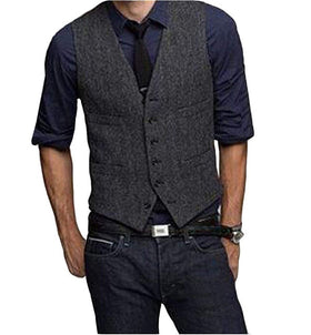 Men‘s Suit Vest Brown Black Herringbone Tweed Waistcoat Jacket Slim