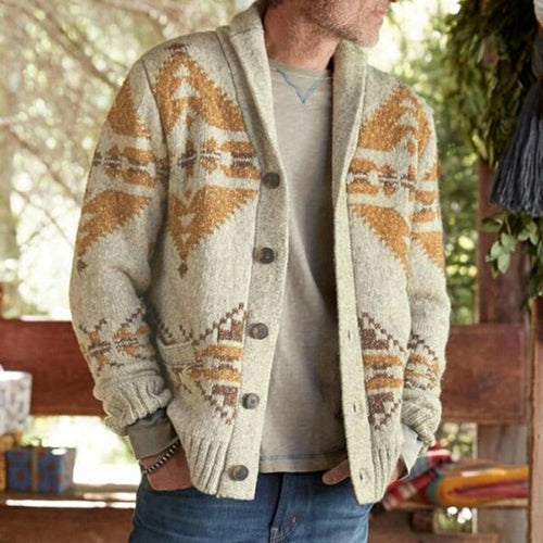 Mens Autumn Pattern Print Knitted Cardigan Sweaters Coat  Male Winter