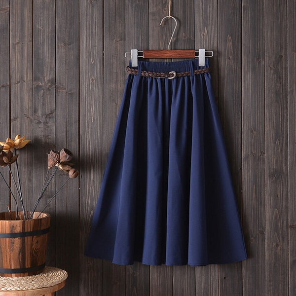 Midi Knee Length Summer Skirt Women With Belt