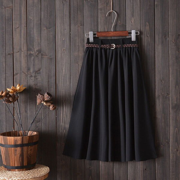 Midi Knee Length Summer Skirt Women With Belt