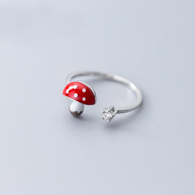 925 Sterling Silver Enamel Mushroom Finger Rings for Women CZ