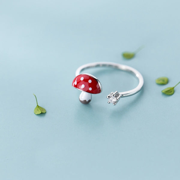 925 Sterling Silver Enamel Mushroom Finger Rings for Women CZ