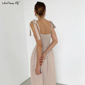 Cotton Linen Pleated Midi Dress