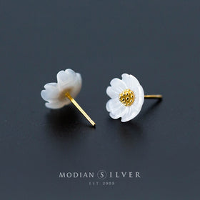 Modian 100% 925 Sterling Silver Ceramics Gold Color Flower Stud