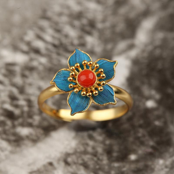 Natural south red tourmaline flower opening ring Chinese style retro