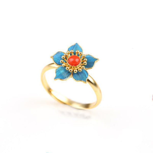 Natural south red tourmaline flower opening ring Chinese style retro