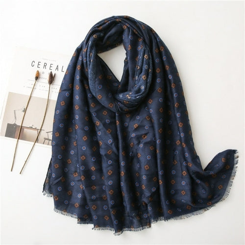 Navy Blue Luxury Floral Fringe Viscose Scarf