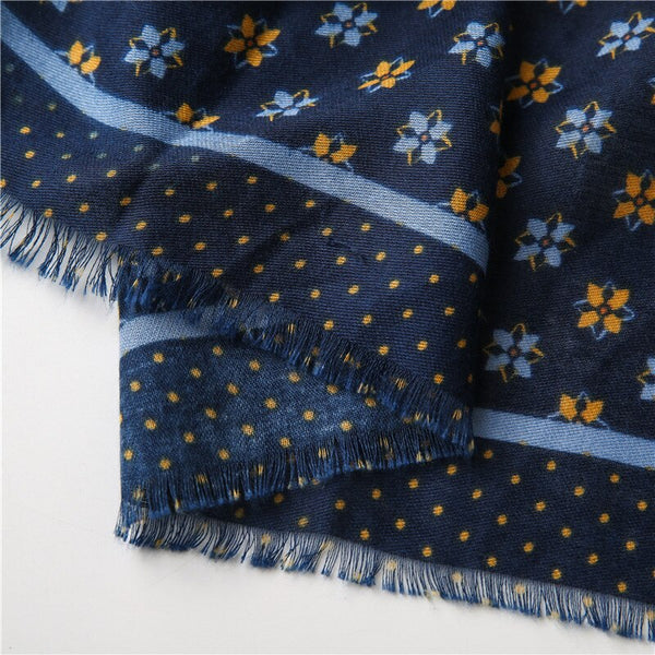 Navy Blue Luxury Floral Fringe Viscose Scarf