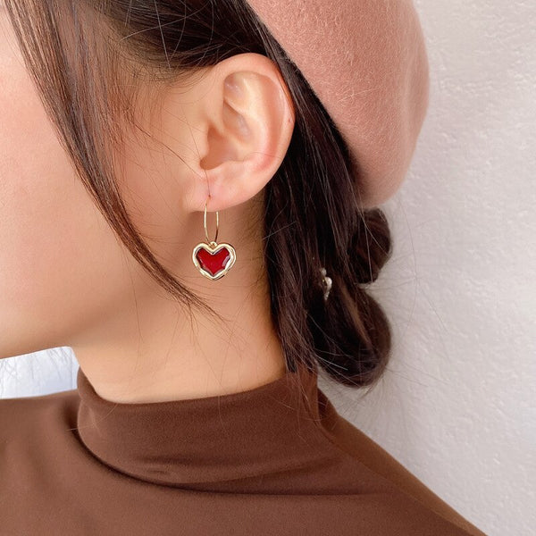 Enamel Red Heart Earrings Hanging Classic