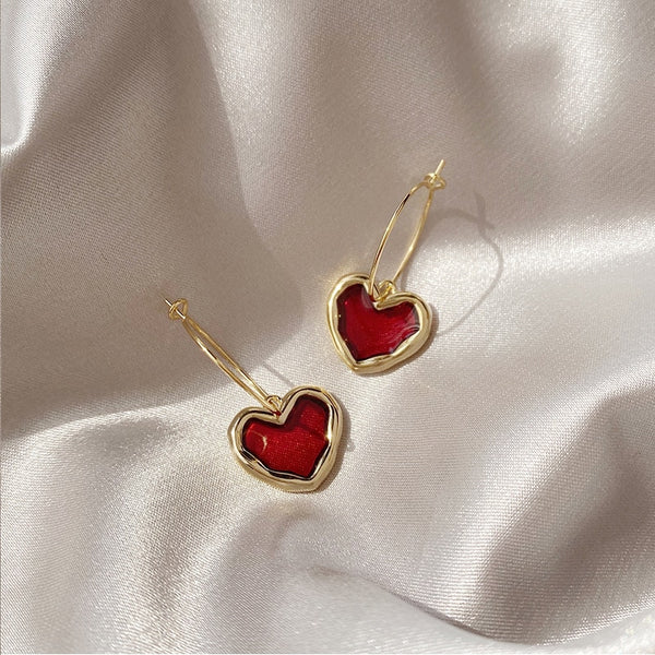 Enamel Red Heart Earrings Hanging Classic