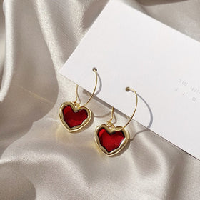 Enamel Red Heart Earrings Hanging Classic