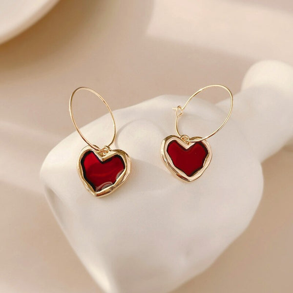 Enamel Red Heart Earrings Hanging Classic