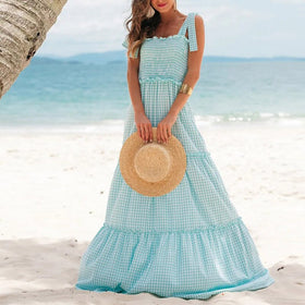 New Sexy Off Shoulder Sleeveless Long Dress Fashion Summer Plaid